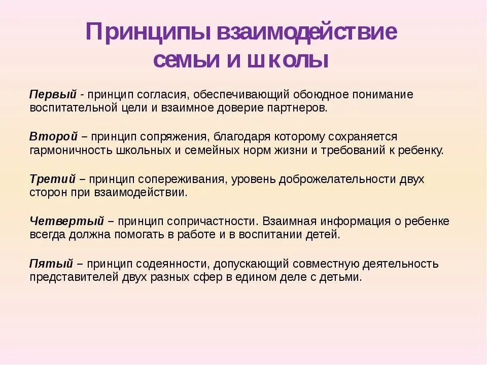 Взаимодействие семьи и школы. Взаимосвязь семьи и школы. Принципы взаимодействия родителей и школы. Принципы взаимодействия с семьей.