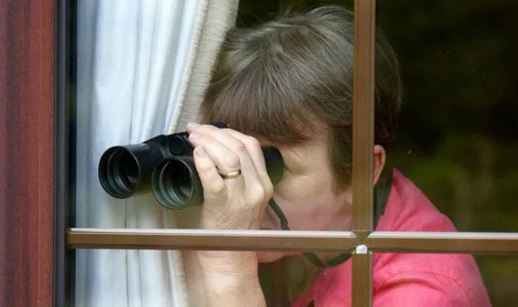 Spying. Spy on Neighbor. Nosy neighbour. Spying on people. Neighbours silhouette.