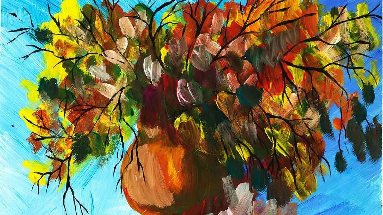 Осенний букет рисунок гуашью. Интуитивное рисование для детей. осень гуашью. осень правополушарная живопись. правополушарное рисование осенние листья.