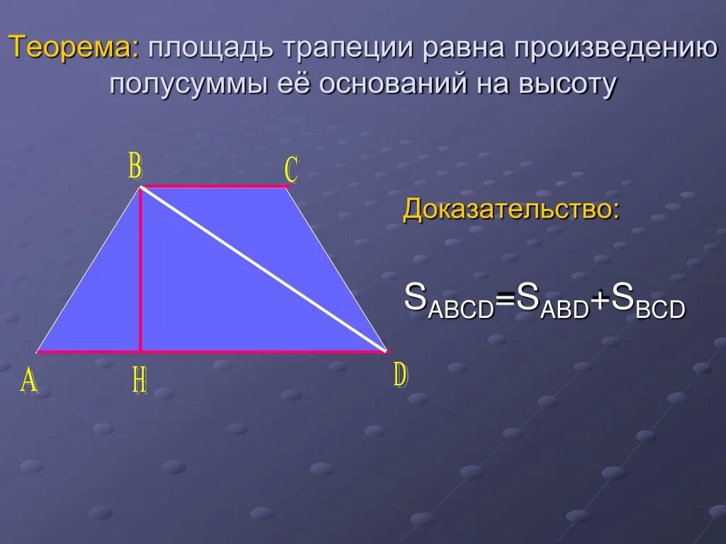 Площадь трапеции равна полусумме оснований на высоту. Площадь трапеции равна произведению полусуммы ее оснований на высоту. Теорема о площади трапеции. Теорема о площади трапеции с доказательством. Площадь равна произведению полусуммы оснований на высоту