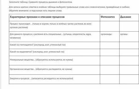 Таблица фотосинтез дыхание 6 класс