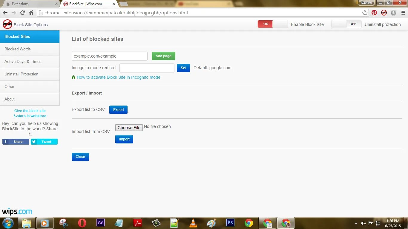 Import web. Block site. Block site Extension. Site blocked.