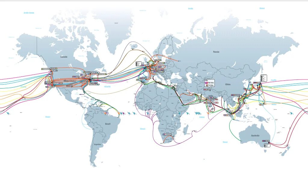 Карта волоконно-оптических кабелей связывающих континенты.