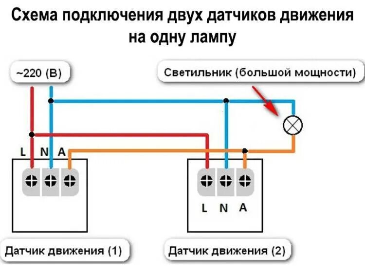 Подключение нескольких датчиков. Схема подключения светильника с двумя датчиками движения. схема подключения двух датчиков движения для освещения. схема подключения лампочки от двух датчиков движения. схема параллельного соединения датчиков движения.