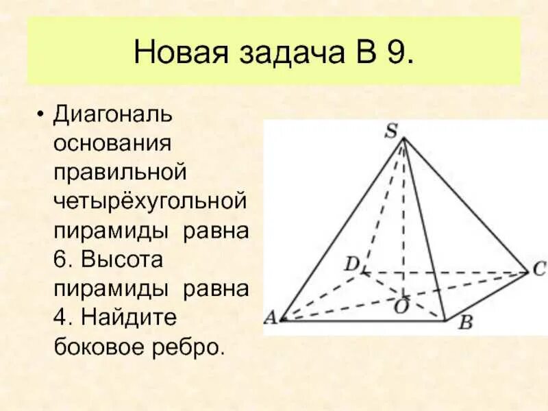 Правильная четырехугольная пирамида диагональ основания ac. Диагональ основания правильной четырехугольной пирамиды. Диагональ основания правильной четырехугольной пирамиды равна 6. Боковое ребро четырехугольной пирамиды. Диагональ основания правильной пирамиды.
