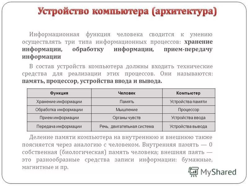 Таблица органы человека информационный процесс устройства компьютера. Таблица органы человека информационный процесс устройства компьютера