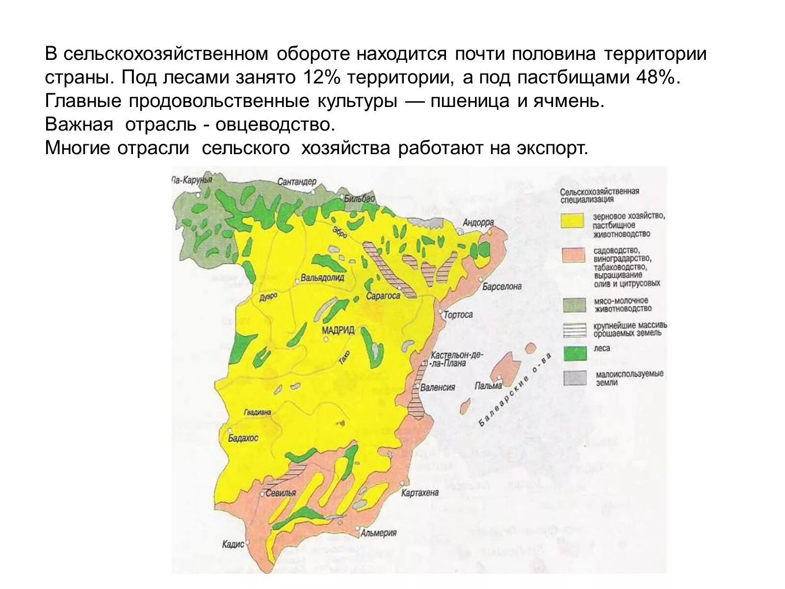 Эта природная зона занимает более половины территории. Сельское хозяйство Испании карта. Отрасли специализации сельского хозяйства Испании. Почвы Испании карта. Природные ресурсы Испании карта.