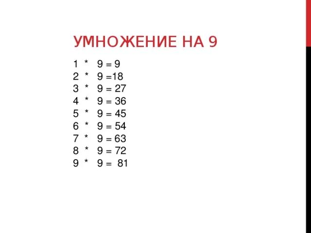 6 умножить на 9 54. Умножение на 9. Таблицамумножения на 9. EVYF;RYBT YF 9. Таблица умножения на девять.