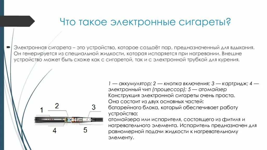 Электронная сигарета 1 поколения. Строение электронной сигареты схема. 1.3. Устройство и принцип действия электронной сигареты. Строение и состав электронной сигареты.