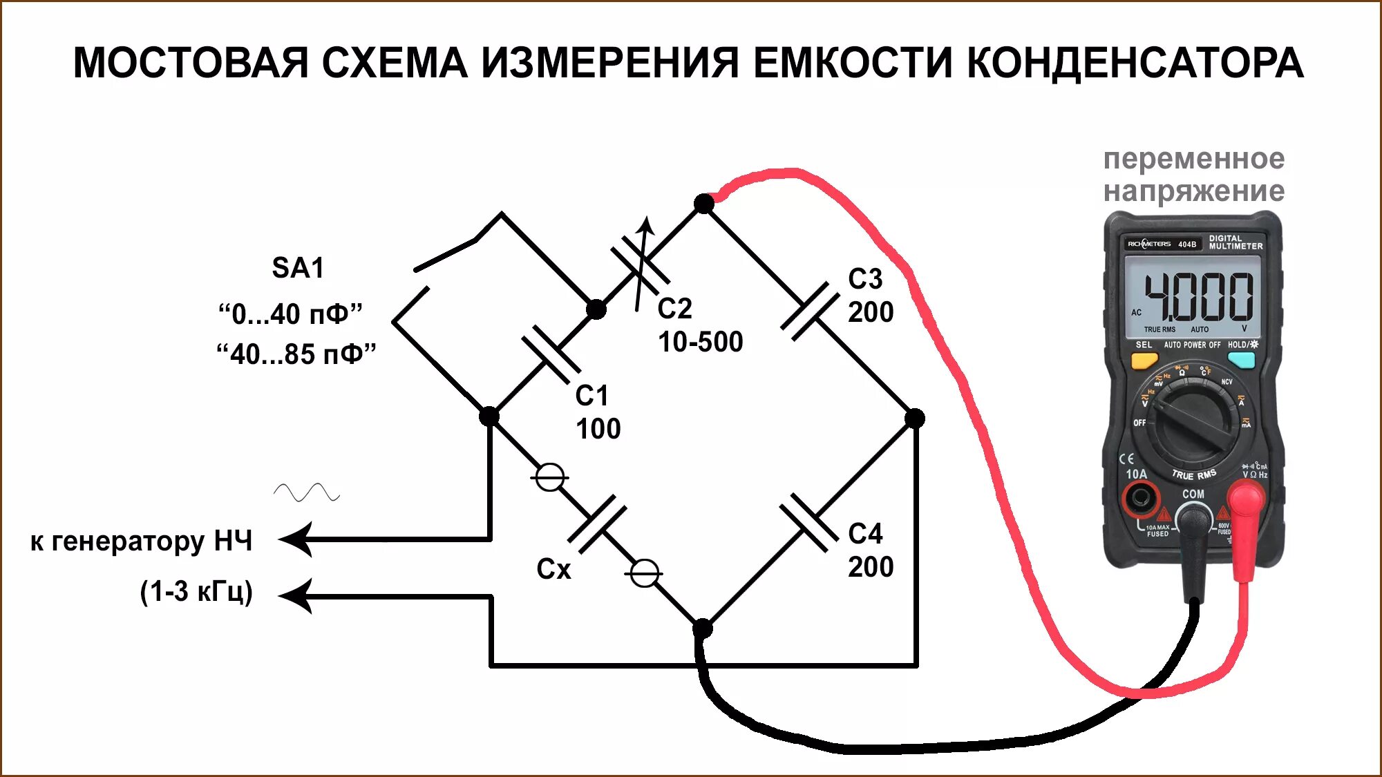 Прозвонка диода. Схема измерения емкости конденсатора переменным током. Схема подключения мультиметра для измерения напряжения. Схема измерения емкости конденсатора переменным напряжением. Измерение постоянного тока мультиметром схема.