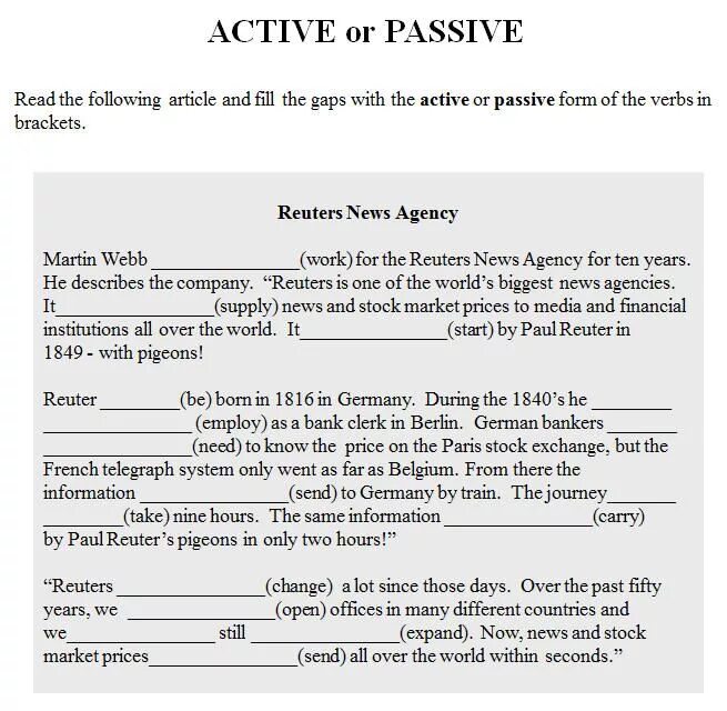 Test passive or active verb forms. Active and passive verbs. information gap activities.
