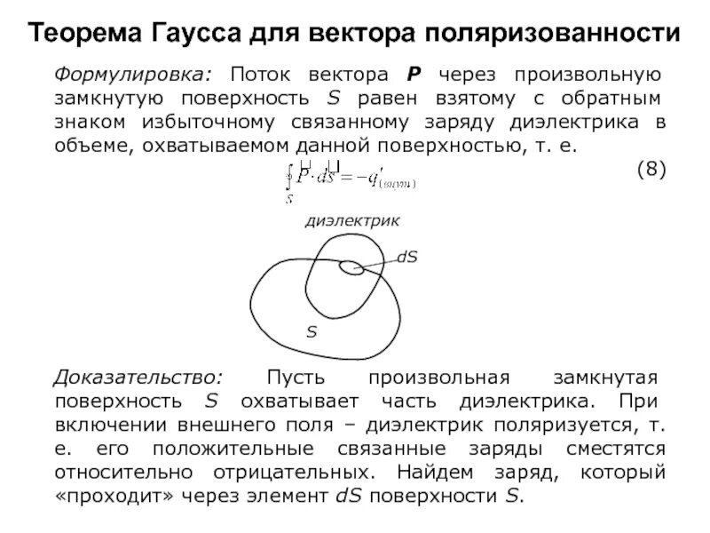 Произвольная замкнутая поверхность. Вектор поляризации теорема Гаусса для вектора поляризации. Теорема Остроградского-Гаусса для вектора поляризации. Теорема Гаусса для связанных зарядов. Теорема Гаусса для вектора поляризованности.