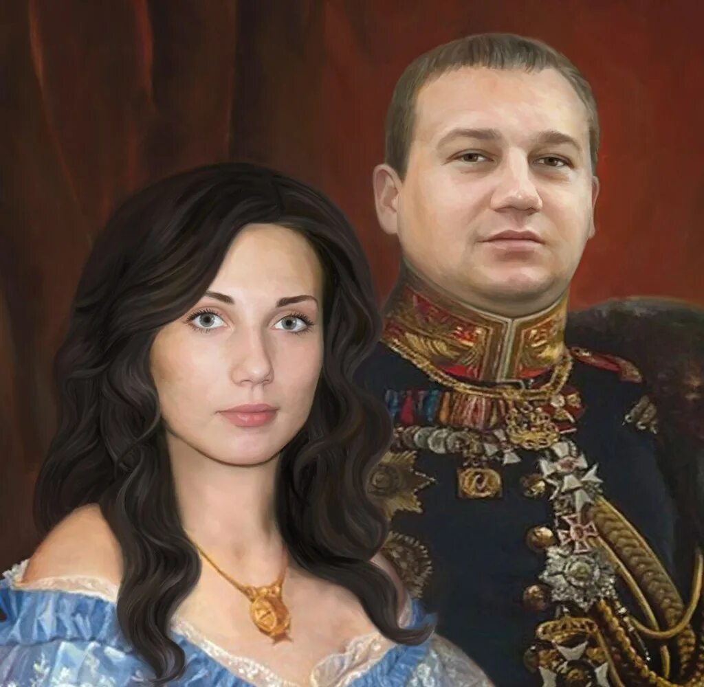 Фотомонтаж фотографий. Семейный портрет на холсте. Парный портрет. Портрет в Салическом стиле. Портрет в историческом стиле.