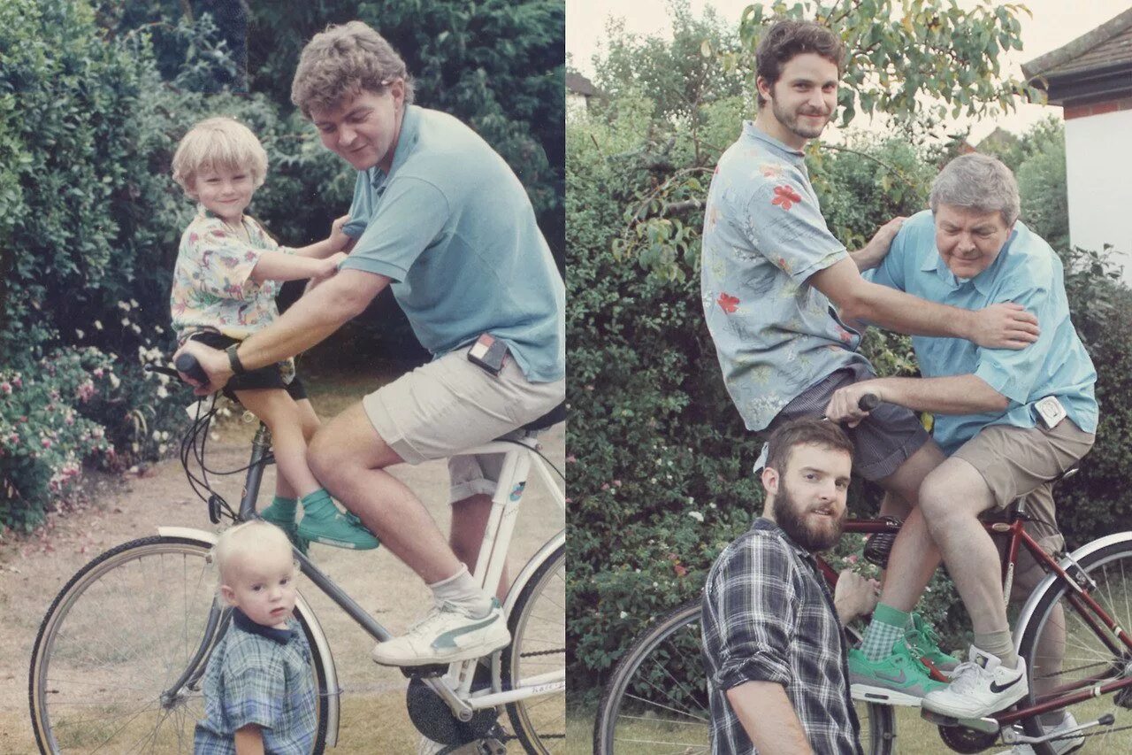 В детстве и взрослый. Родители и дети годы спустя. Семейные фотосессии спустя года. Семейные фото до и после. Какой был папа в детстве