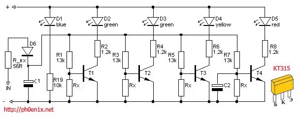 Схема индикатора мощности УНЧ на светодиодах. Индикатор уровня сигнала на транзисторах кт315. Индикатор уровня на транзисторах кт315 схема. Индикатор уровня сигнала на кт315.