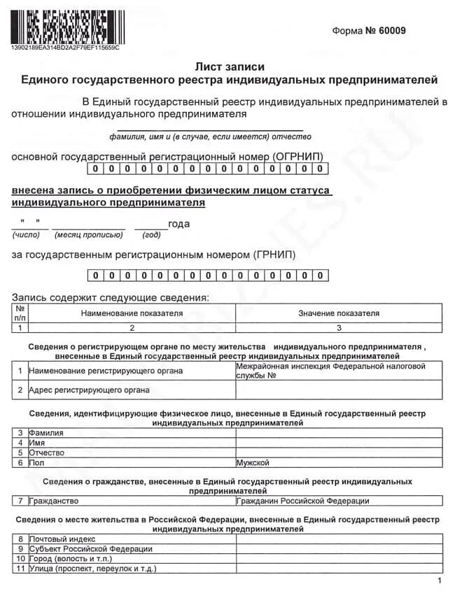 Сведения о регистрации ип