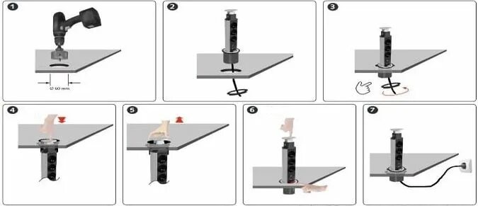 Схема подключения выдвижной встраиваемой розетки в столешницу. Evoline® Port Standart 931.00.001. Розетка потайная в столешницу схема монтажа. Розетки в столешницу на кухне схема.