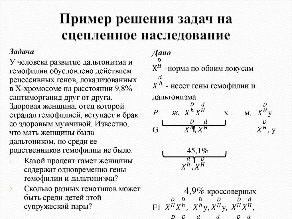 Дигетерозиготная по генам дальтонизма и гемофилии женщина. Алгоритм решения задач по генетике на сцепленное наследование. Задачи биологии сцепление наследования. Задачи на сцепленное с полом и кроссинговер. Задачи на генетику пола и наследование сцепленное с полом.