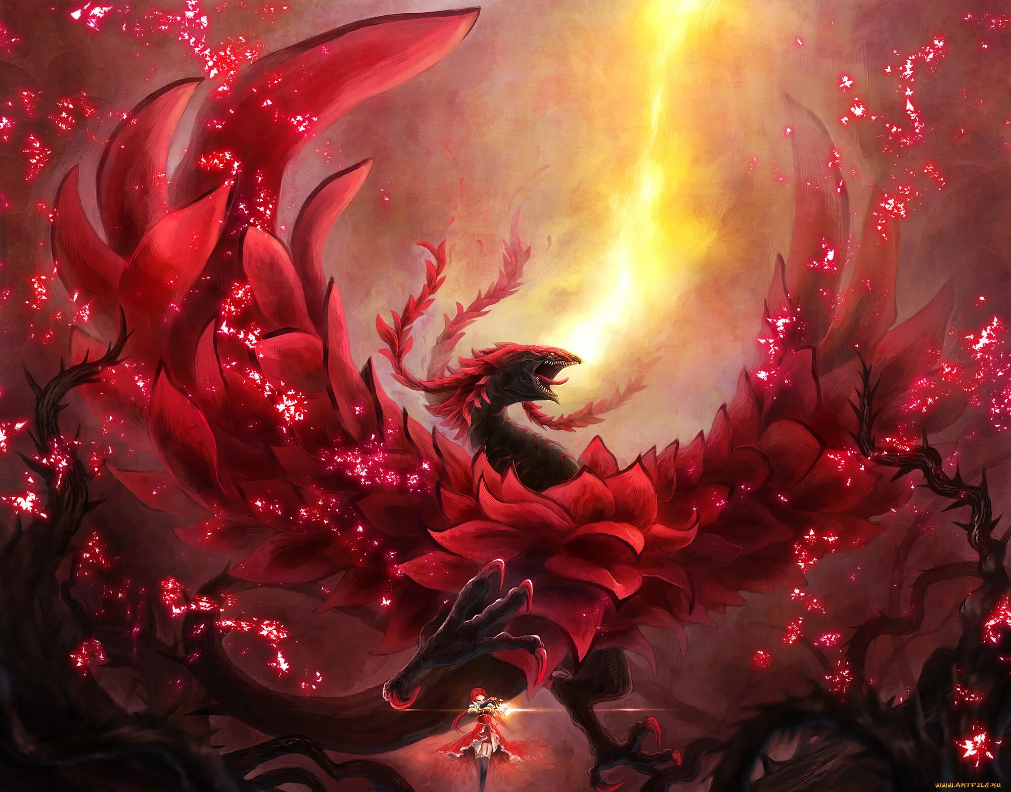 Багряный дракон Сузаку. Дракон Блэк драгон. Алый дракон. Цветы фэнтези. Дракон темного пламени