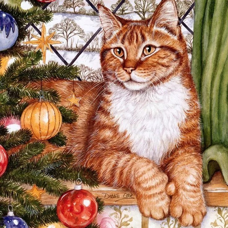 Рисунок на новый год кошка. Дебби кук кошки. художник debbie cook кошки. новогодние коты. новогодний рыжий кот.