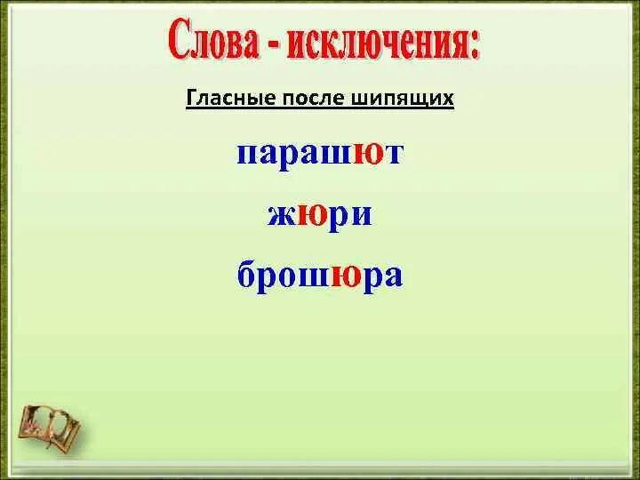 Исключениями являются. Слова исключения. Слова исключения в русском языке. Гласные после шипящих исключения. Ю после шипящих исключения.