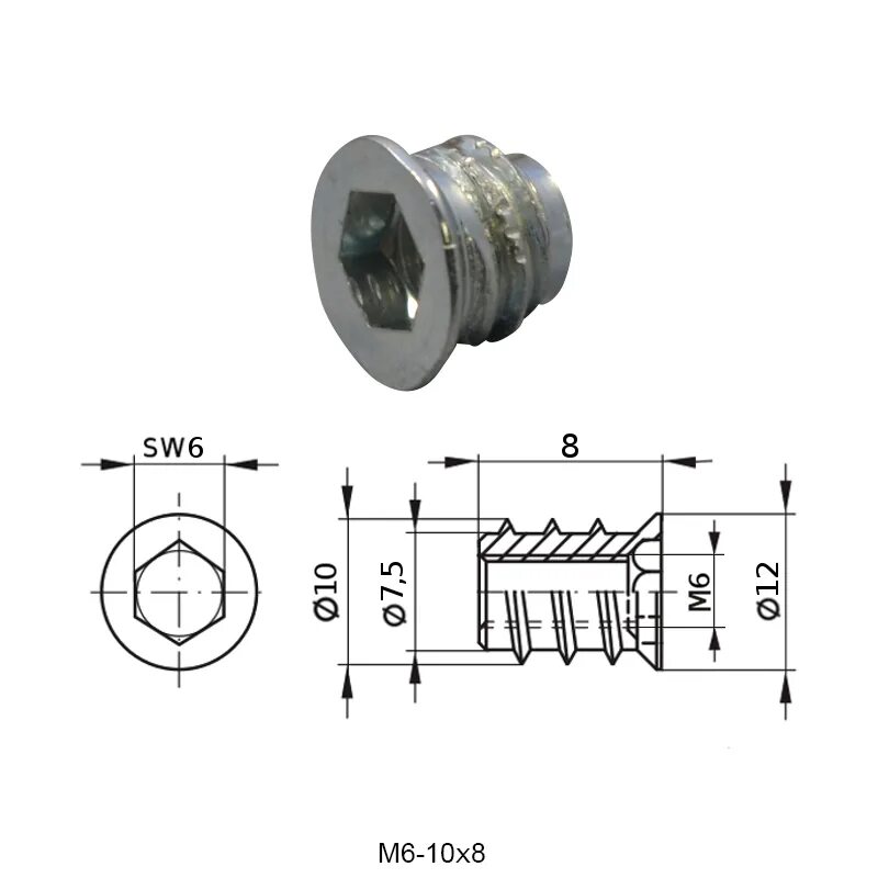 Втулка резьбовая, оцинк. М6 ∅10х8 мм. Футорка мебельная м6 чертеж. Мебельная втулка м4 10х8 мм Zipbolt m4-10x8. Мебельная Футорка м4 ∅8х10 мм. Футорка м5