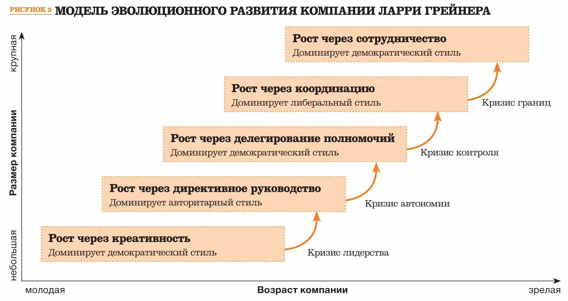 Развитие организации книги. Модель жизненного цикла Ларри Грейнера. Модель эволюционного развития Ларри Грейнера. 2. Этапы развития и кризисы роста организации (по л. Грейнеру. Этапы организационного развития.
