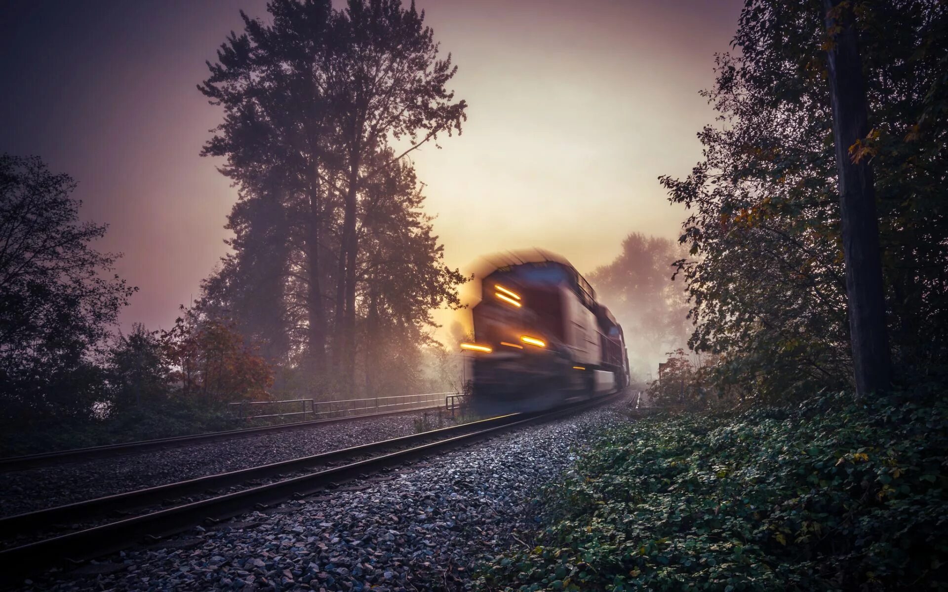 Уходящая железная дорога. Уходящий поезд. Пейзаж с железной дорогой. Железная дорога в тумане. Красивый поезд.