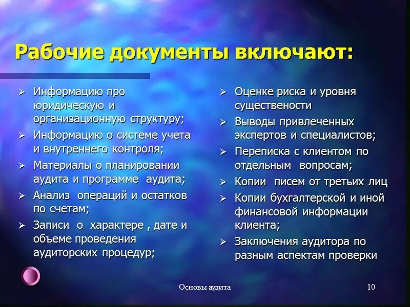 Содержание аудиторских документов