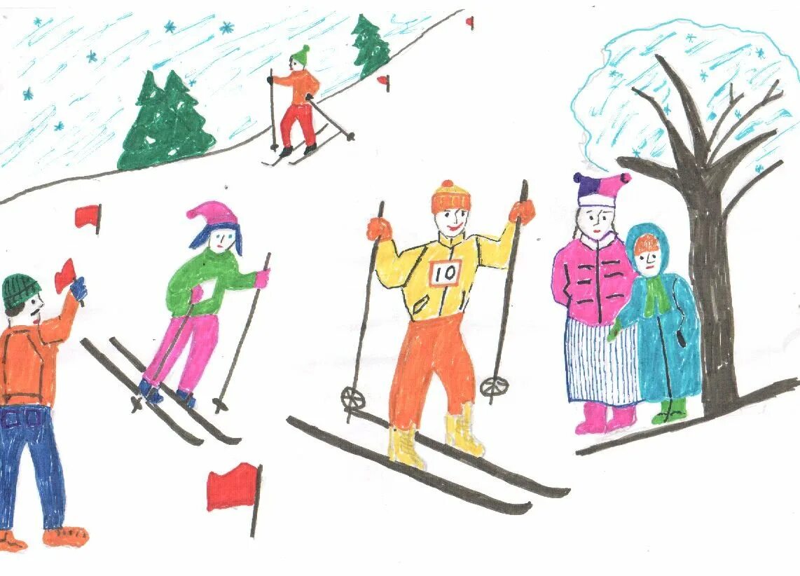 Лыжник рисунок. Рисунок на спортивную тему. Лыжник детский рисунок. Лажник рисунок для детей. Лыжник 3 класс