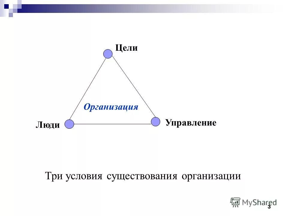 Условия существования организации. Три условия. Цели организации бывают.