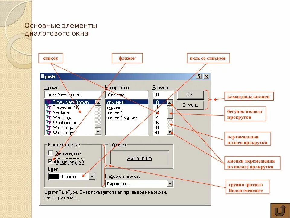 Элементы управления интерфейсом. Элементы интерфейса диалогового окна Windows. Назовите элементы диалоговых окон. Названия элементов окна Windows. Названия элементов диалогового окна.