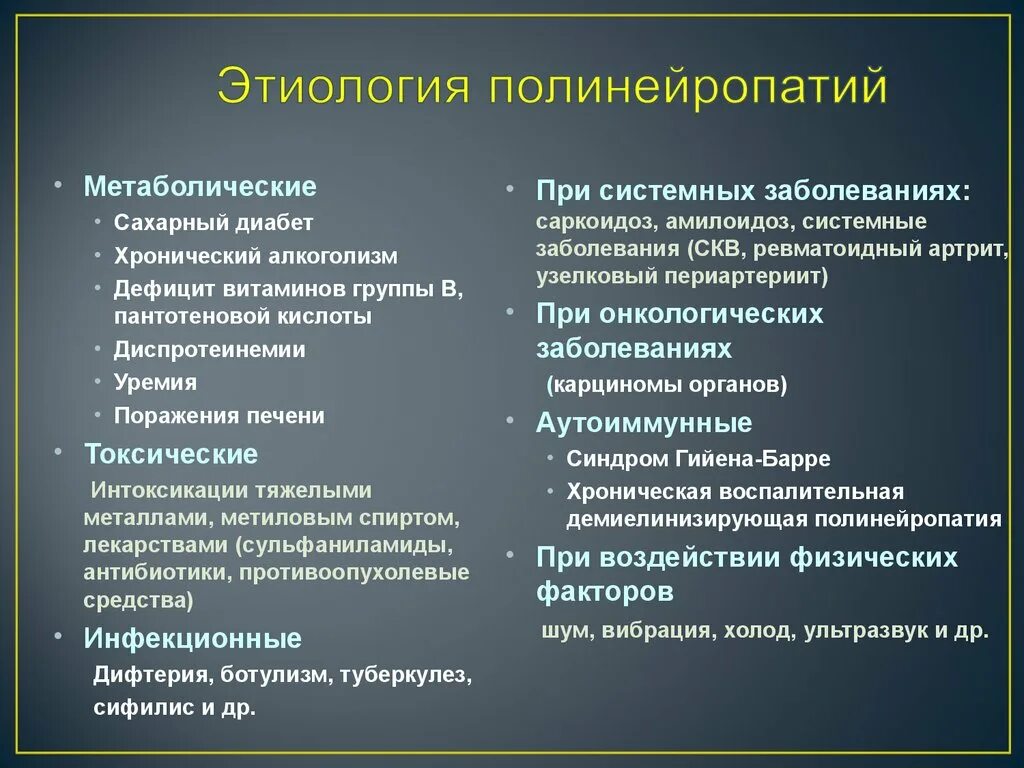 Полинейропатия причины лечение. Причины полиневропатии. Полинейропатия причины. Полинейропатии неврология. Клинические проявления полинейропатии.