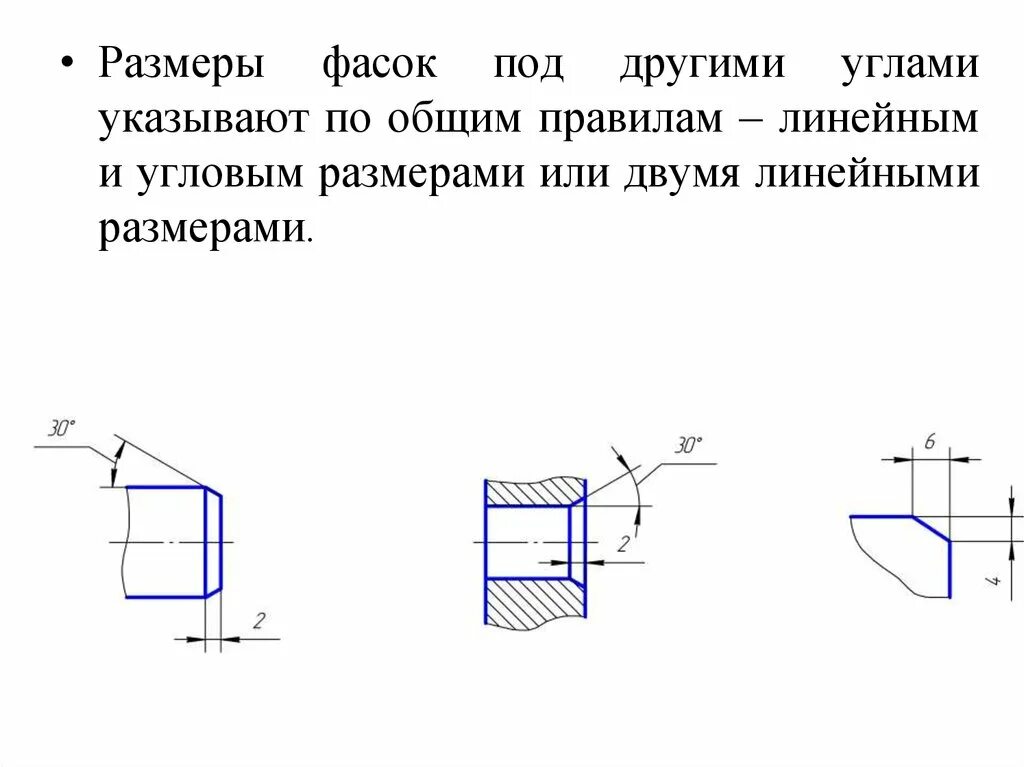 Размеры фасок гост. 2 Фаски под углом 30. Фаска на отверстии. Фаска на чертеже. Нанесение размеров фаски.