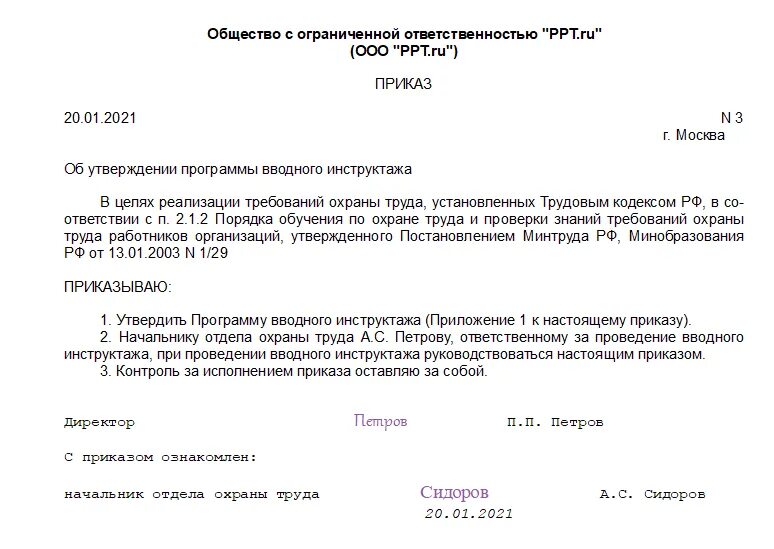 Образцы приказов о вводном инструктаже