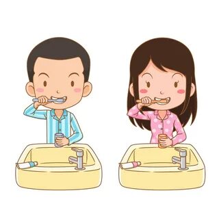 Cartoon character of boy and girl brushing teeth. 