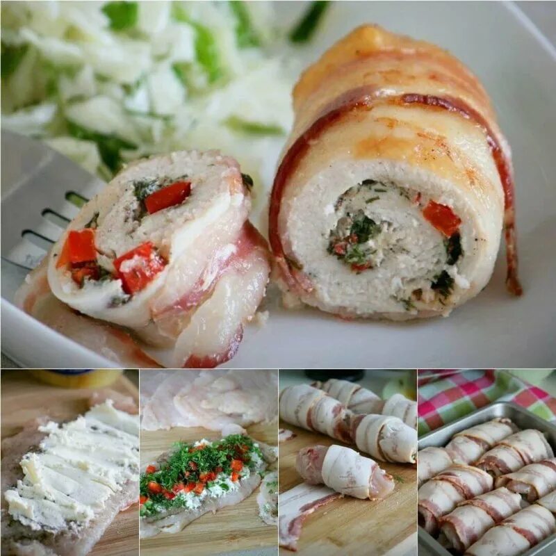 Куриные рулетики с яйцом. Рулетики с беконом. куриный рулет павлиний глаз. куриные рулетики в беконе. рулетики с курицей и беконом.