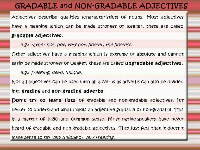 Non gradable adjectives. Gradable adjectives. Non-gradable adjectives правило. Gradable adjectives правило. Graded adjectives