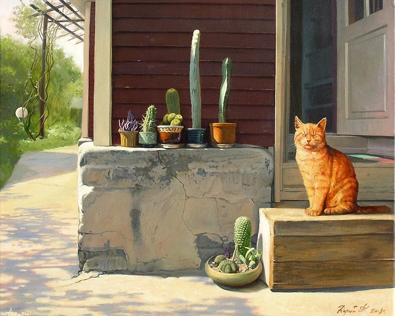 кошка выглядывает. рыжие коты в живописи. рыжий кот двери. пейзаж с кошкой. кошка сидит.