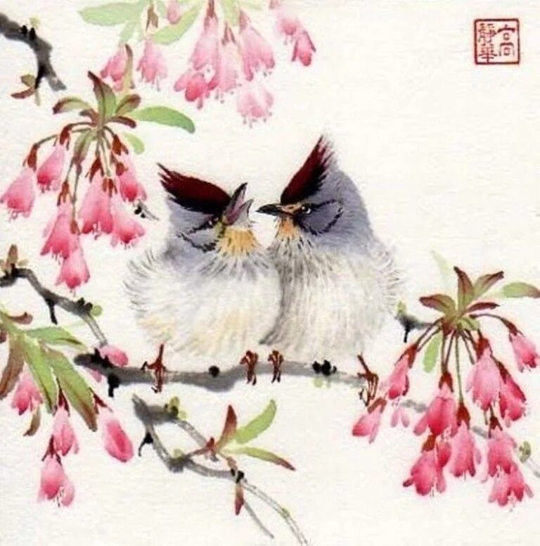 Jinghua Gao Dalia. Птицы на Сакуре. Птица на ветке. Японские птицы на Сакуре.