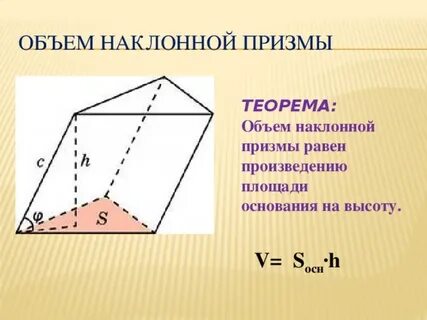 Объем наклонной призмы равен