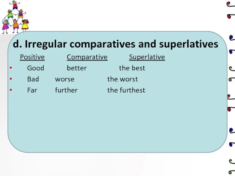 Comparatives and Superlatives. Degrees of Comparison Irregular. Irregular Comparatives and Superlatives. Comparatives/Superlatives позитив. Irregular comparatives