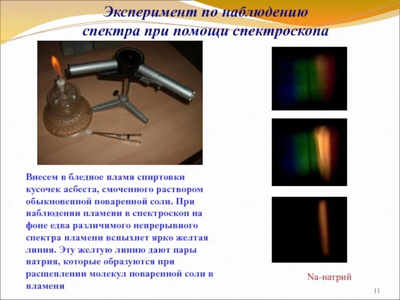 Спектр наблюдают с помощью. Опыты по наблюдению спектров. спектроскоп эксперименты. спектр пламя спиртовки. спектр поваренной соли.