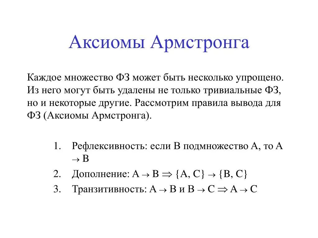 Вывести аксиому. Аксиомы Армстронга. Основные Аксиомы Армстронга. Аксиомы Армстронга базы данных. Аксиомы вывода функциональных зависимостей.