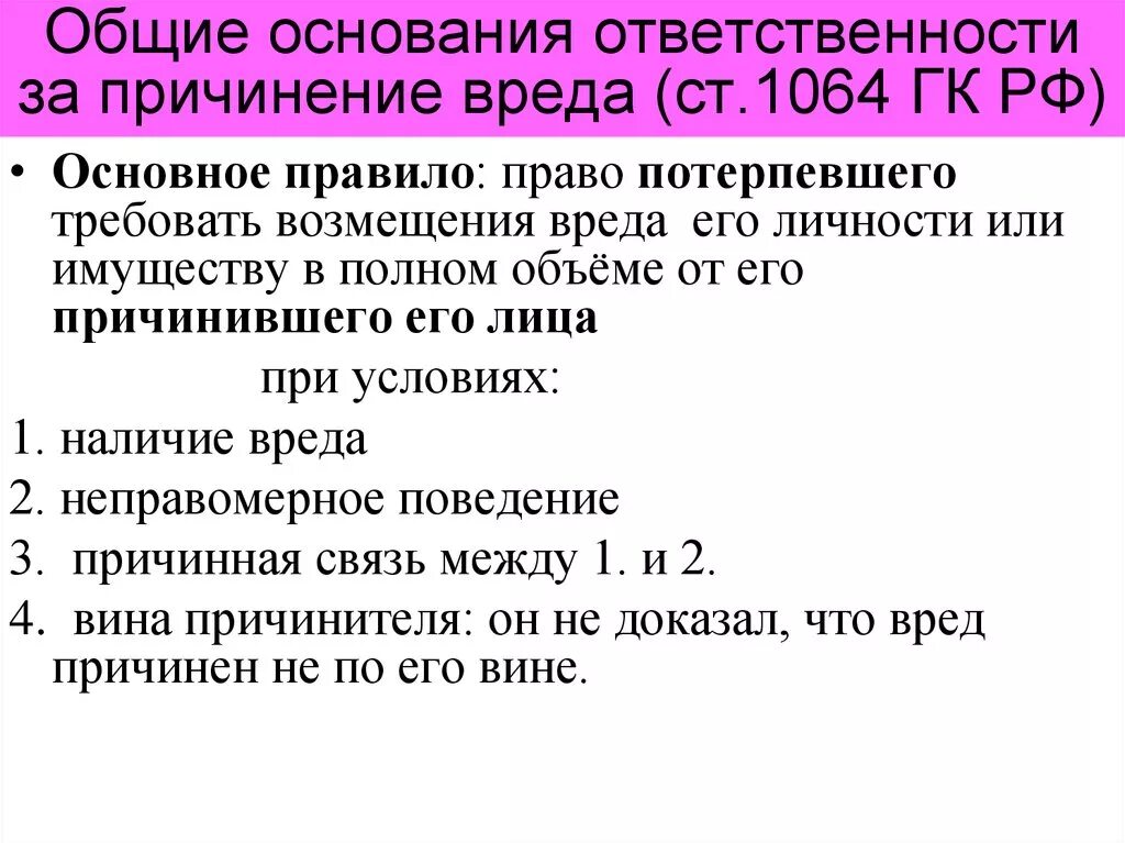 Ст. 1064 ГК РФ возмещение ущерба. Общие основания ответственности за причинение вреда. Общие условия ответственности за причинение вреда. Основания причинения вреда. Размер ответственности по обязательствам