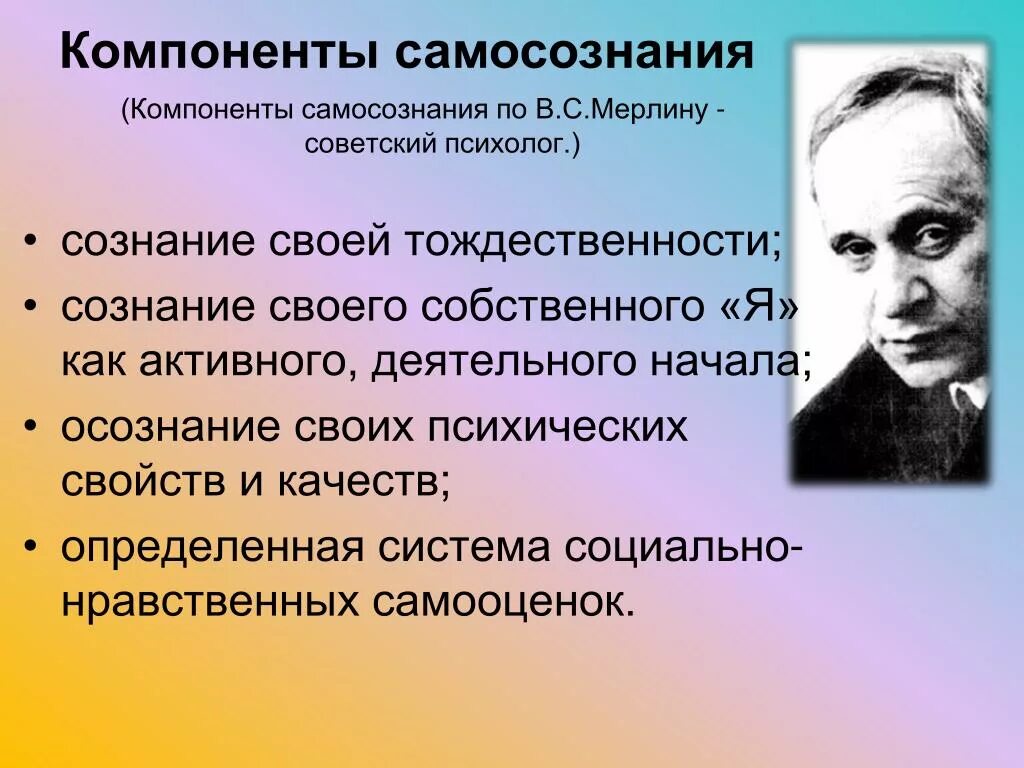 Компоненты самосознания по Мерлину. Компоненты самопознания. Компонент самосознания в психологии. Компоненты самосознания личности.