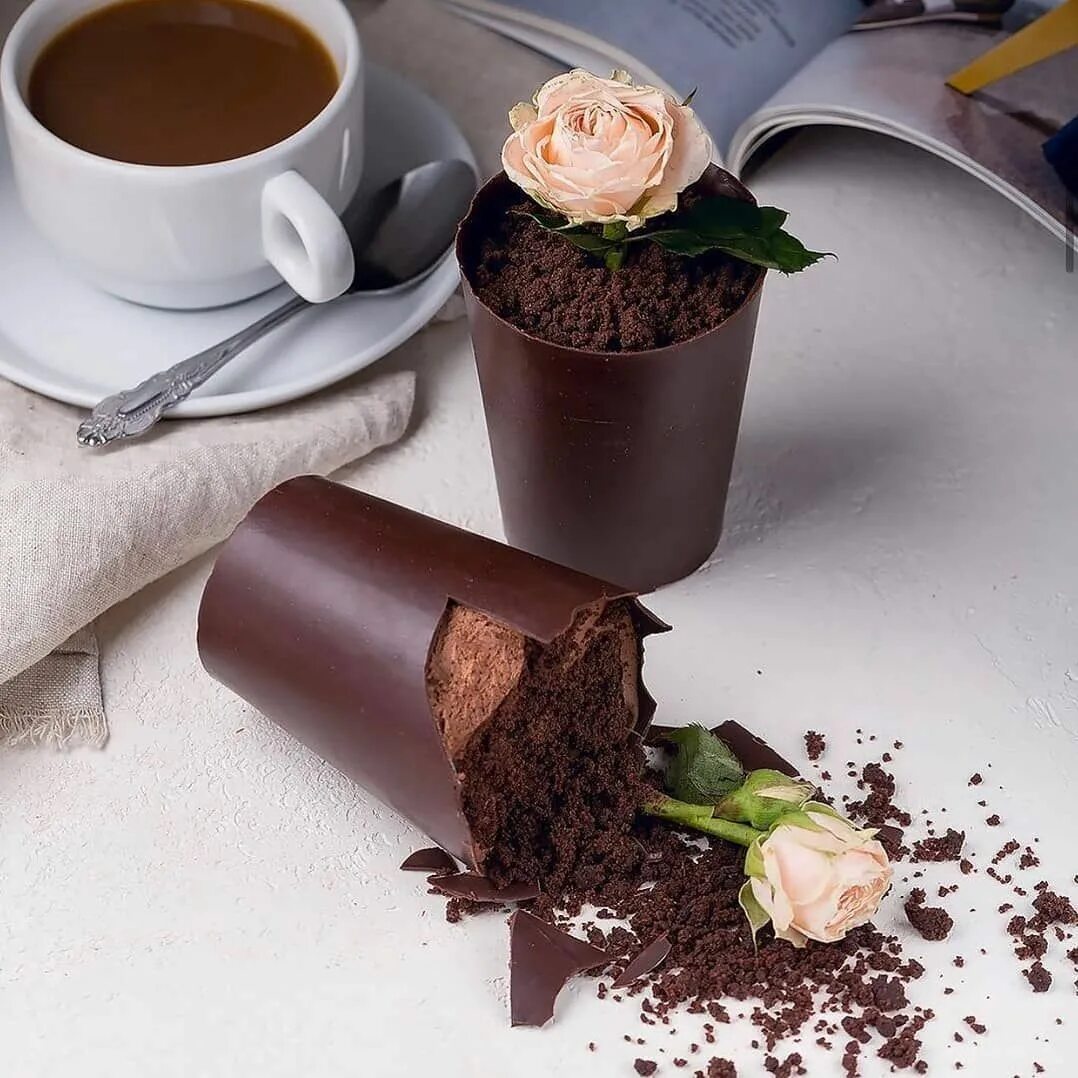 шоколадные горшочки с цветами. шоколадный цветочный горшок. десерт цветок в горшке. шоколадный горшок с цветами. шоколадные горшочки.