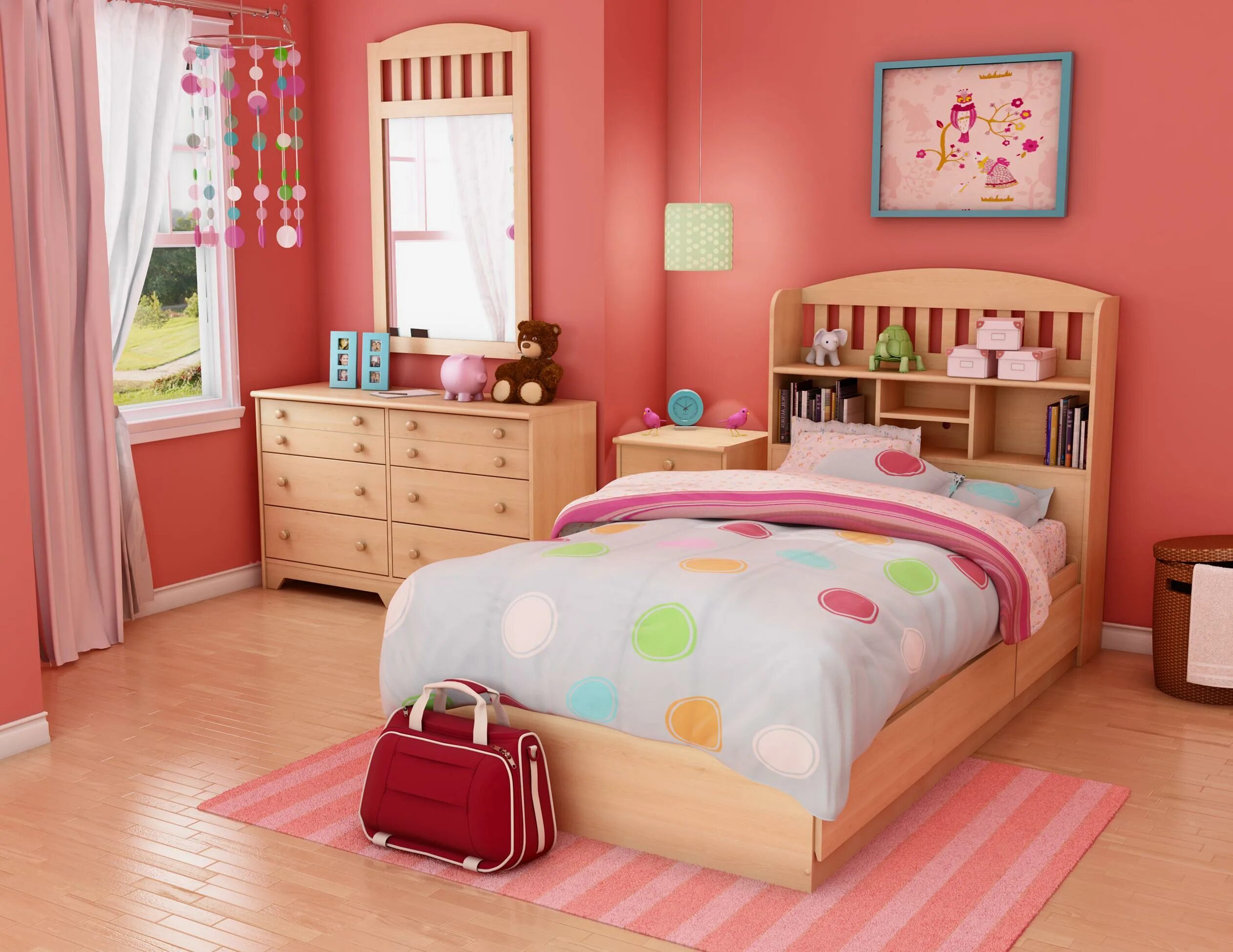 Спальня в детском саду. Мебель для спальной детская красно розовая. Children's Room. Дизайн детской комнаты с двумя кроватями. Bedroom play