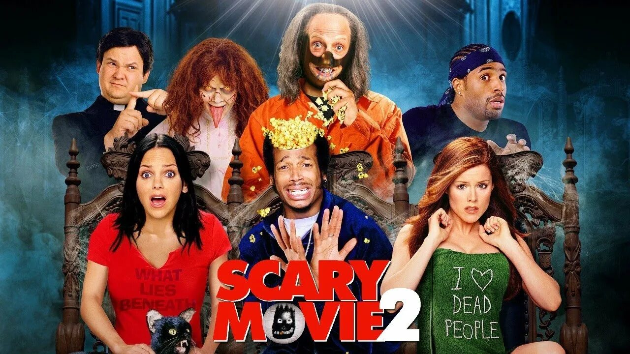 Watch scary movies. Watch scary movies. Girl eating pizza. Watch scary movies. Watch scary movies.