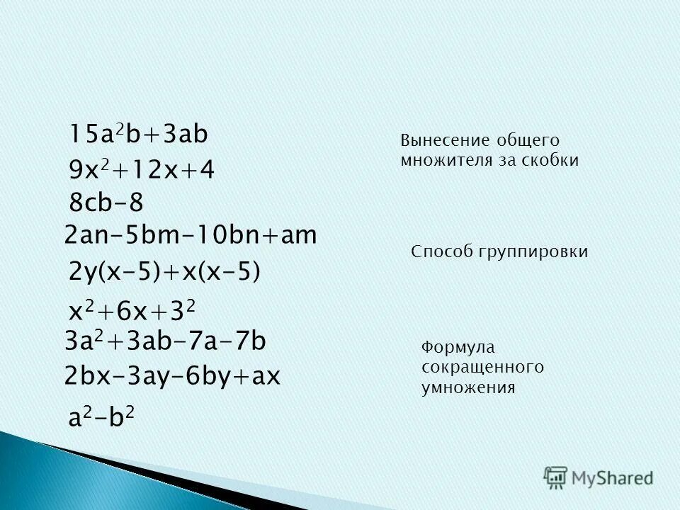Группировка вынесение общего множителя. Группировка вынесение общего множителя